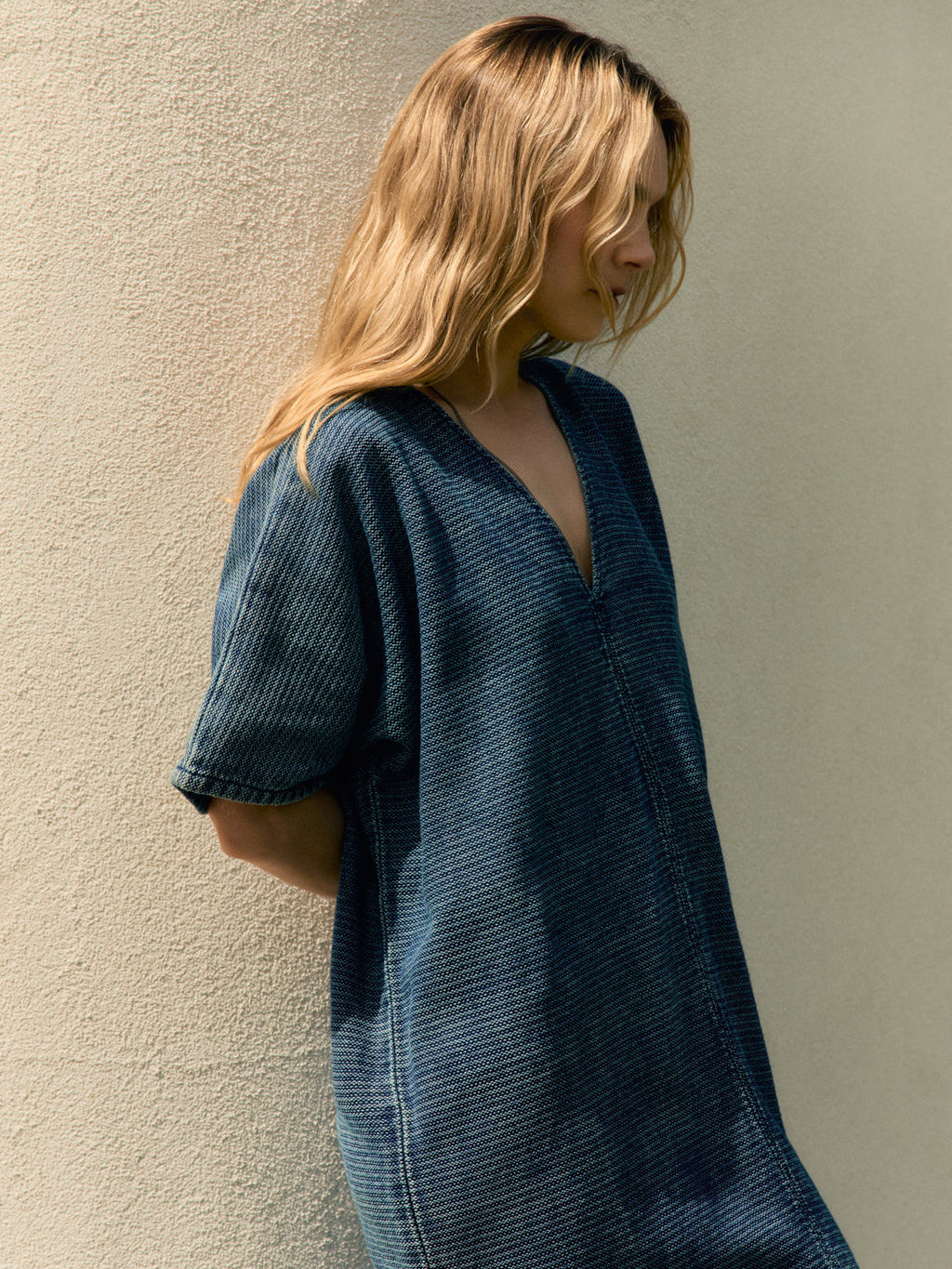 bleached indigo open weave caftan