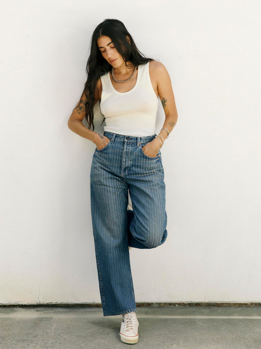 buckleback jean in washed indigo stripe